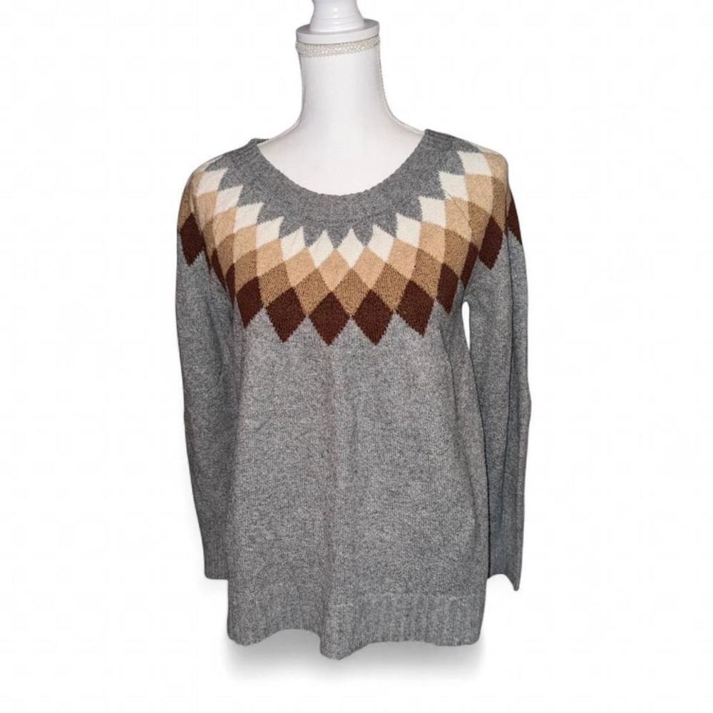 SUPER SOFT GRAY W/BROWN/TAN ARGYLE CREWNECK‎ SWEATER LADIES LARGE